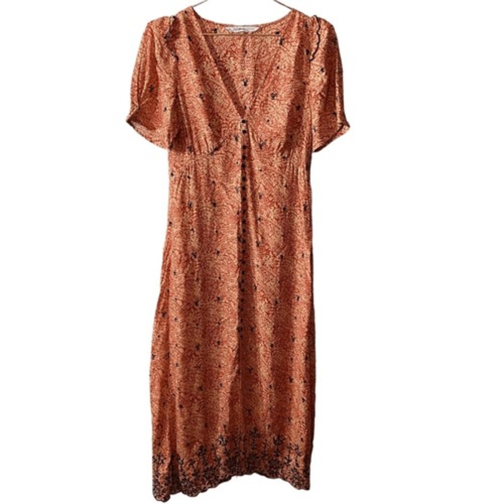 Zara Paisley Embroidered Midi Dress Terracotta V-Neck Button Front XS